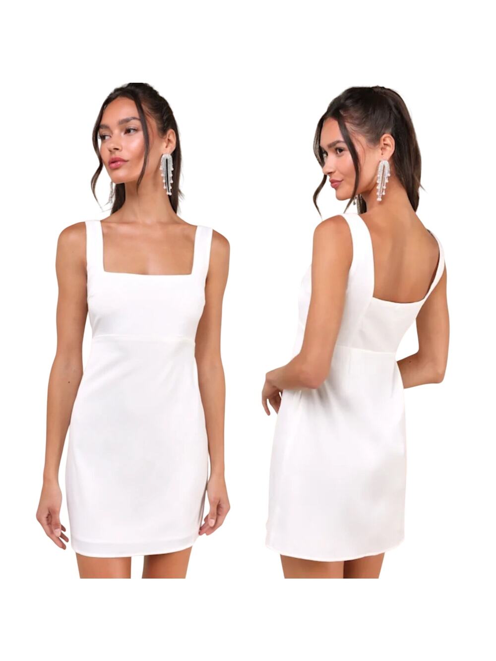 Lulus Satin Mini Dress Square Neck Empire Waist A Line Tank White NEW Womens M